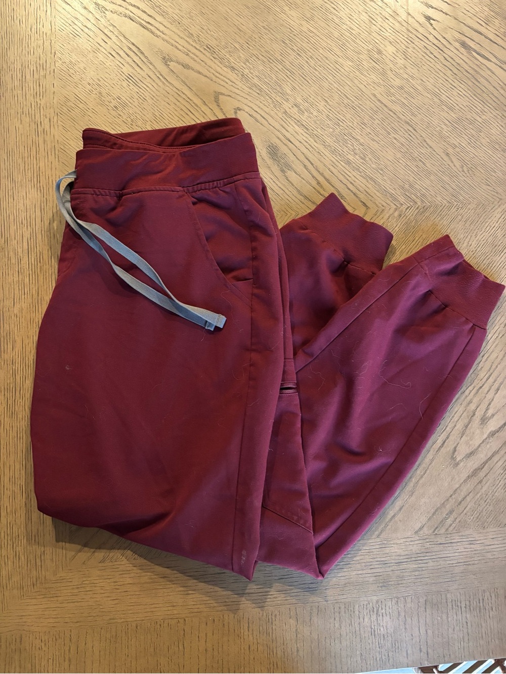Figs Burgundy Jogger Pants with Gray Drawstring